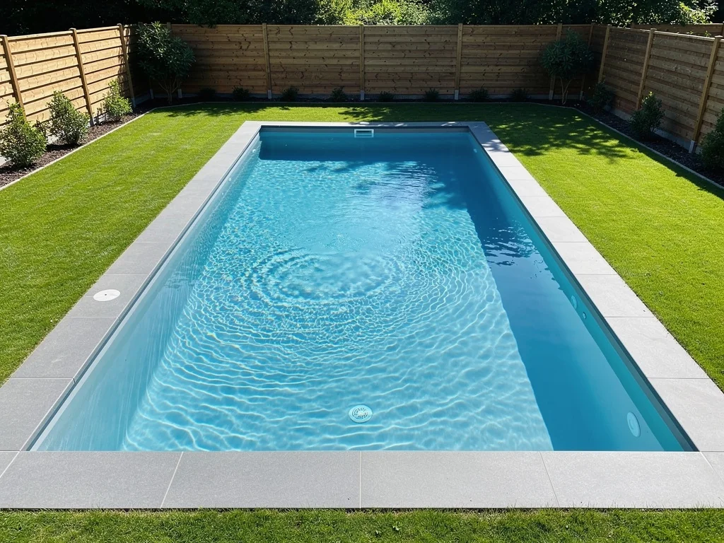 Piscine coque polyester rectangulaire posée dans un jardin clos