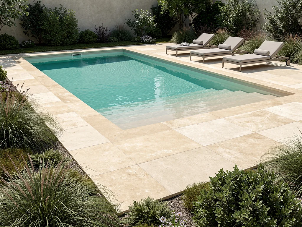 Piscine coque avec plage immergée et margelles en pierre reconstituée