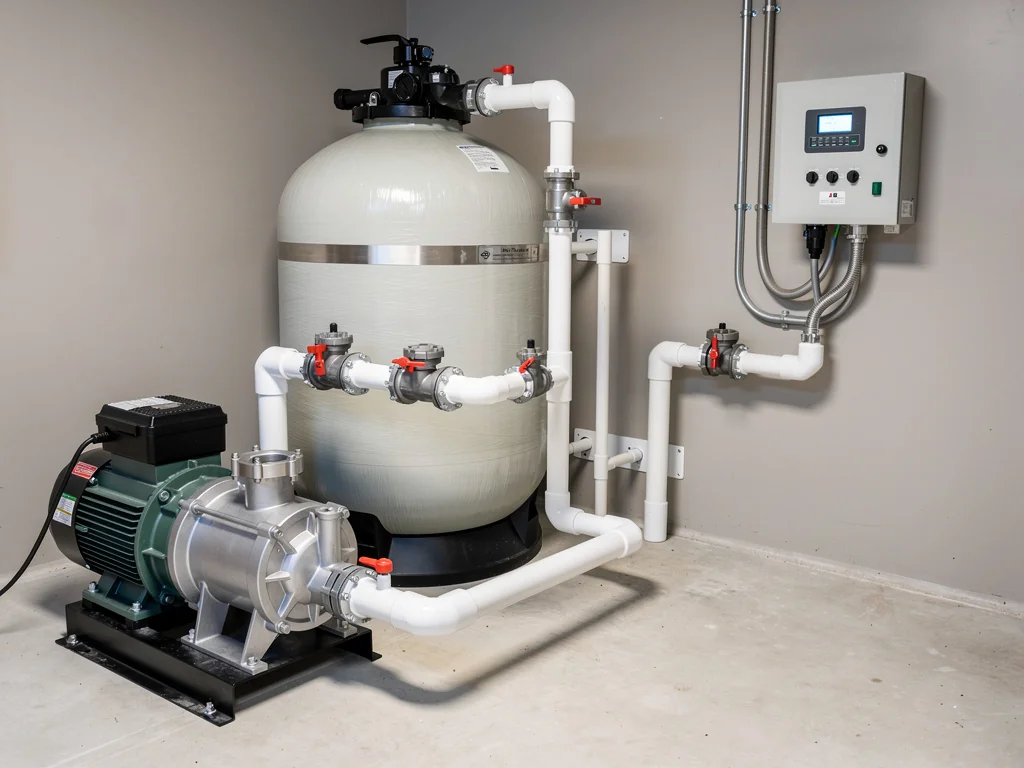 Local technique de piscine coque avec pompe de filtration et coffret